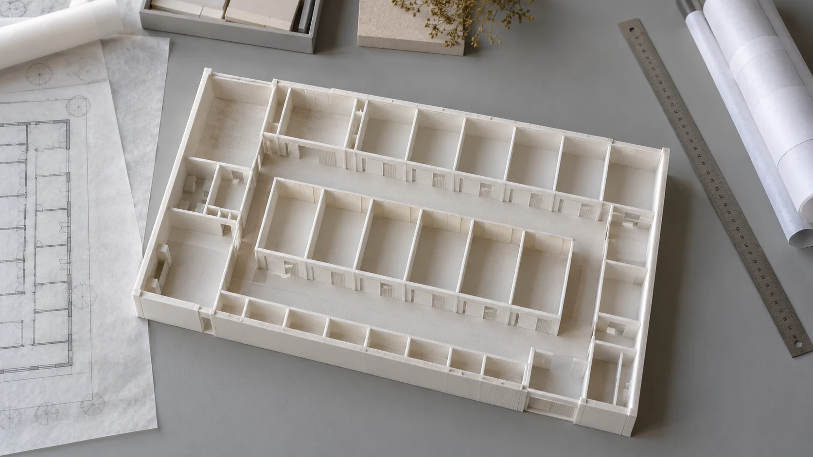 Overhead view of a white storage floorplan model and steel ruler — conceptual visualization