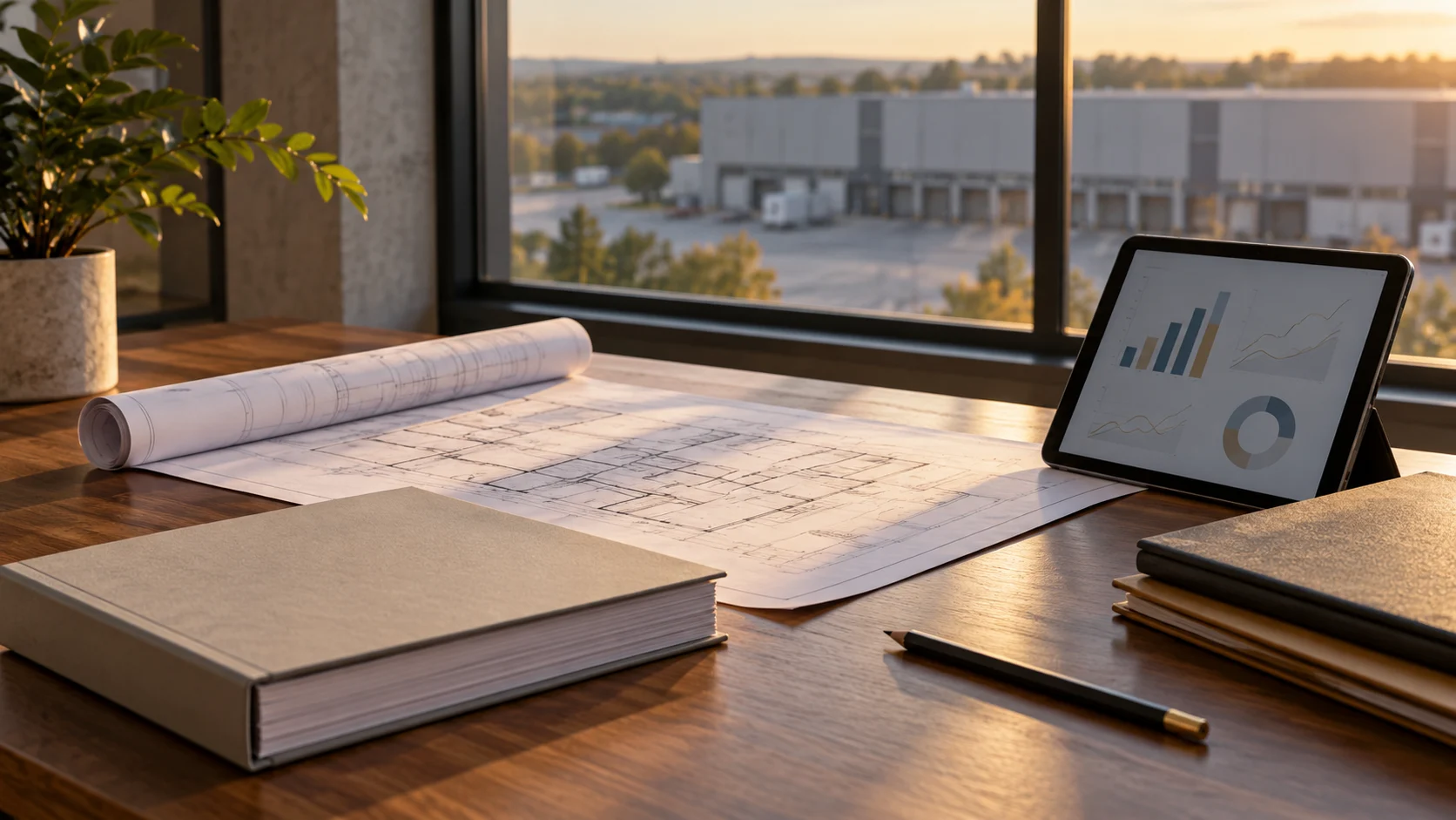 Planning reports, rolled drawings and an illustrative chart tablet — conceptual visualization