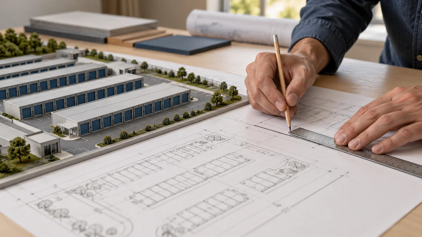 Anonymous hands reviewing a storage layout model and drawing dimensions — conceptual visualization