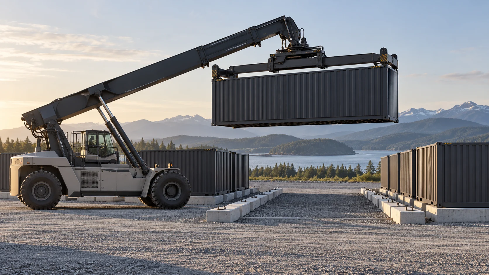 Industrial lifting equipment positioning a container above a prepared bay — conceptual visualization