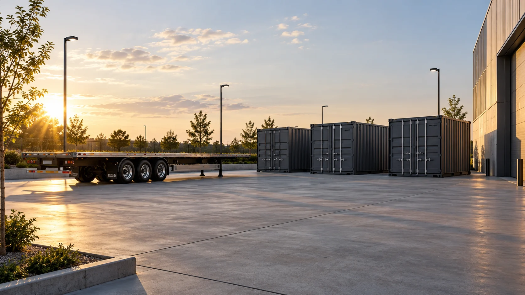 Flatbed trailer beside three storage containers in a receiving yard — conceptual visualization