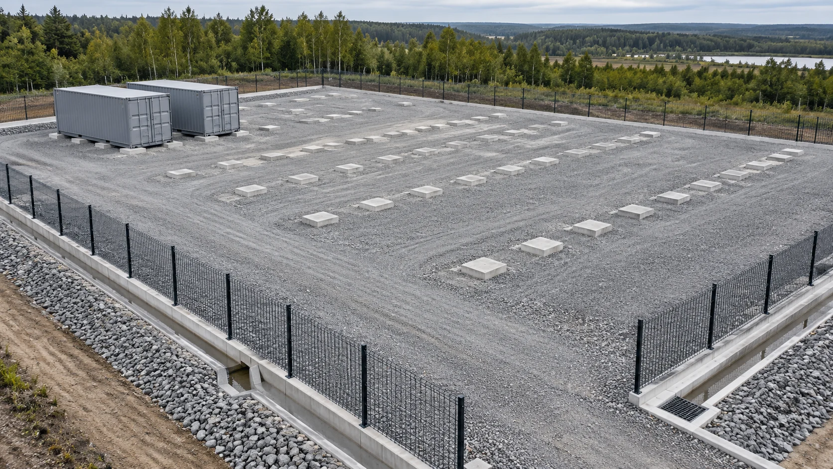 Prepared container storage site with gravel, concrete support pads and fencing — conceptual visualization