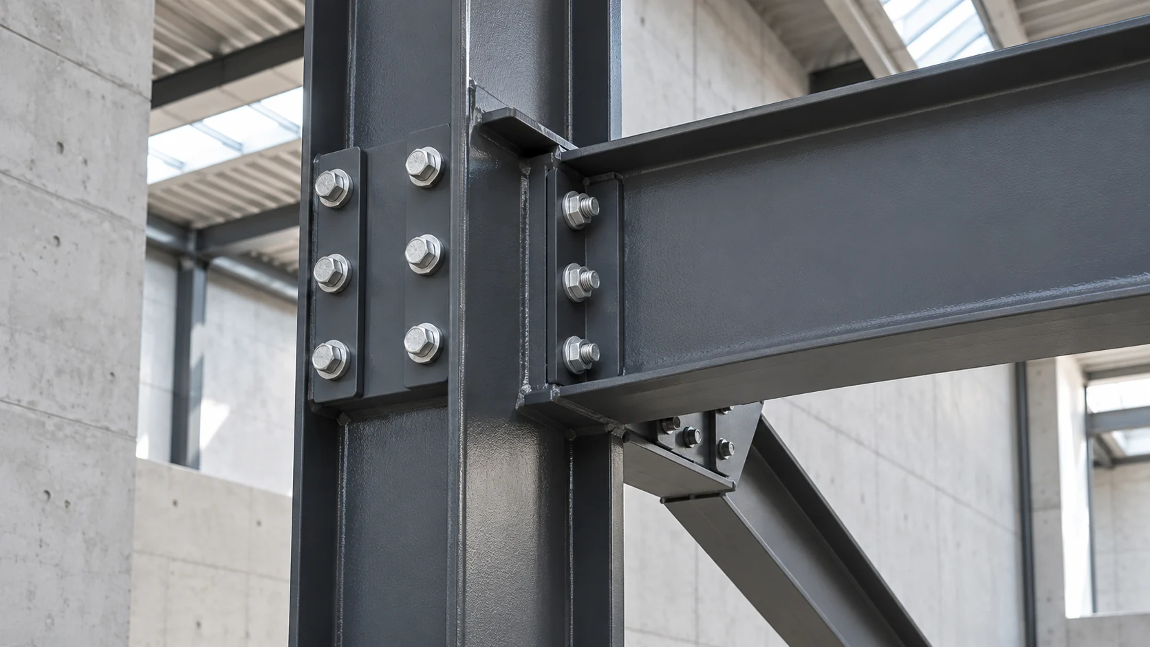 Bolted graphite steel beam connection against pale concrete — conceptual visualization