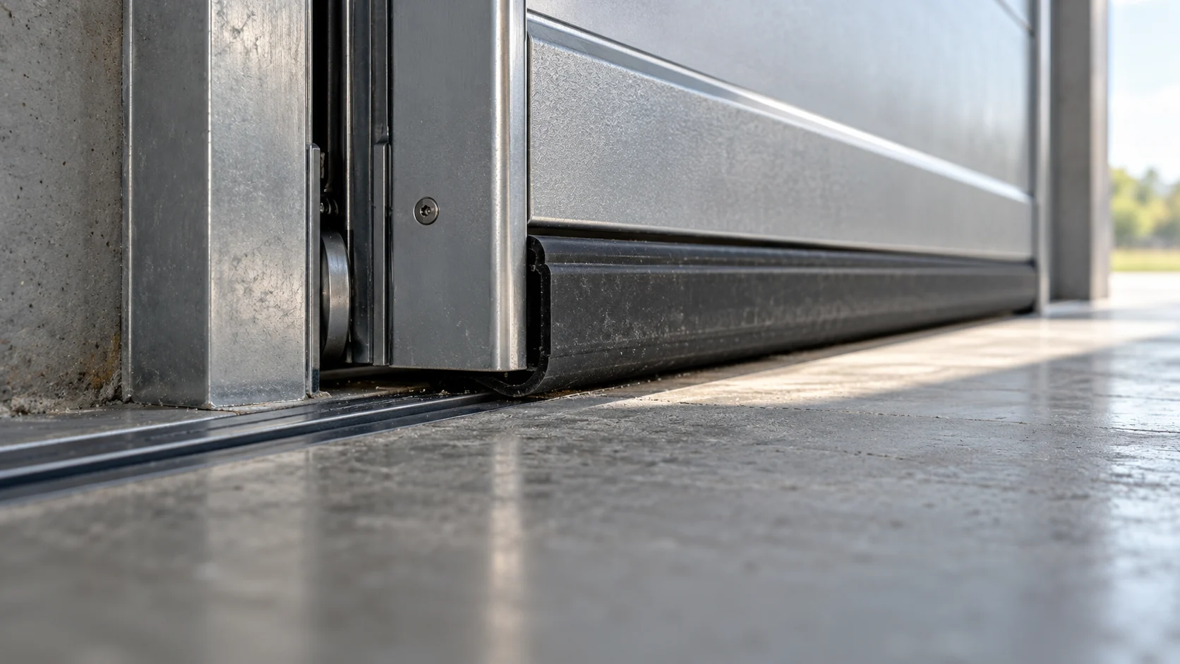 Storage door threshold, weather seal and metal guide rail — conceptual visualization