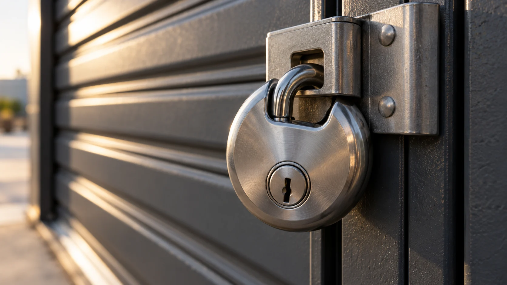 Stainless disc padlock secured in a storage door hasp — conceptual visualization