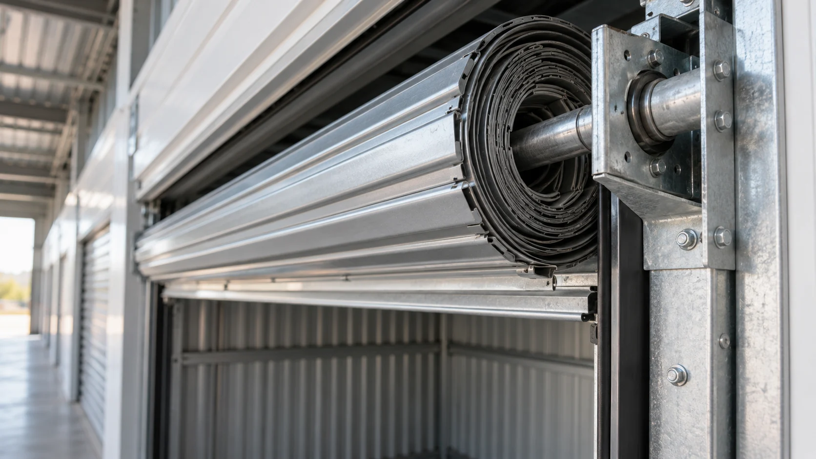 Close view of a storage roller drum, coiled slats and guide brackets — conceptual visualization