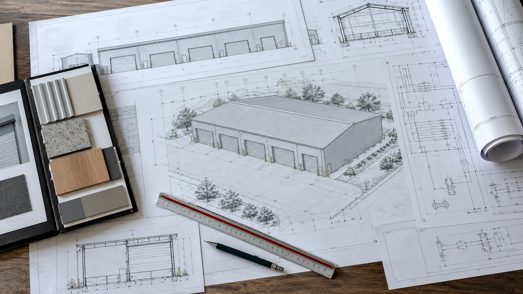 Architectural and services drawings with a material specification folder — conceptual visualization
