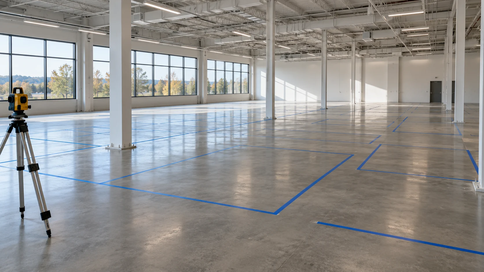 Commercial floor marked with proposed storage unit footprints — conceptual visualization