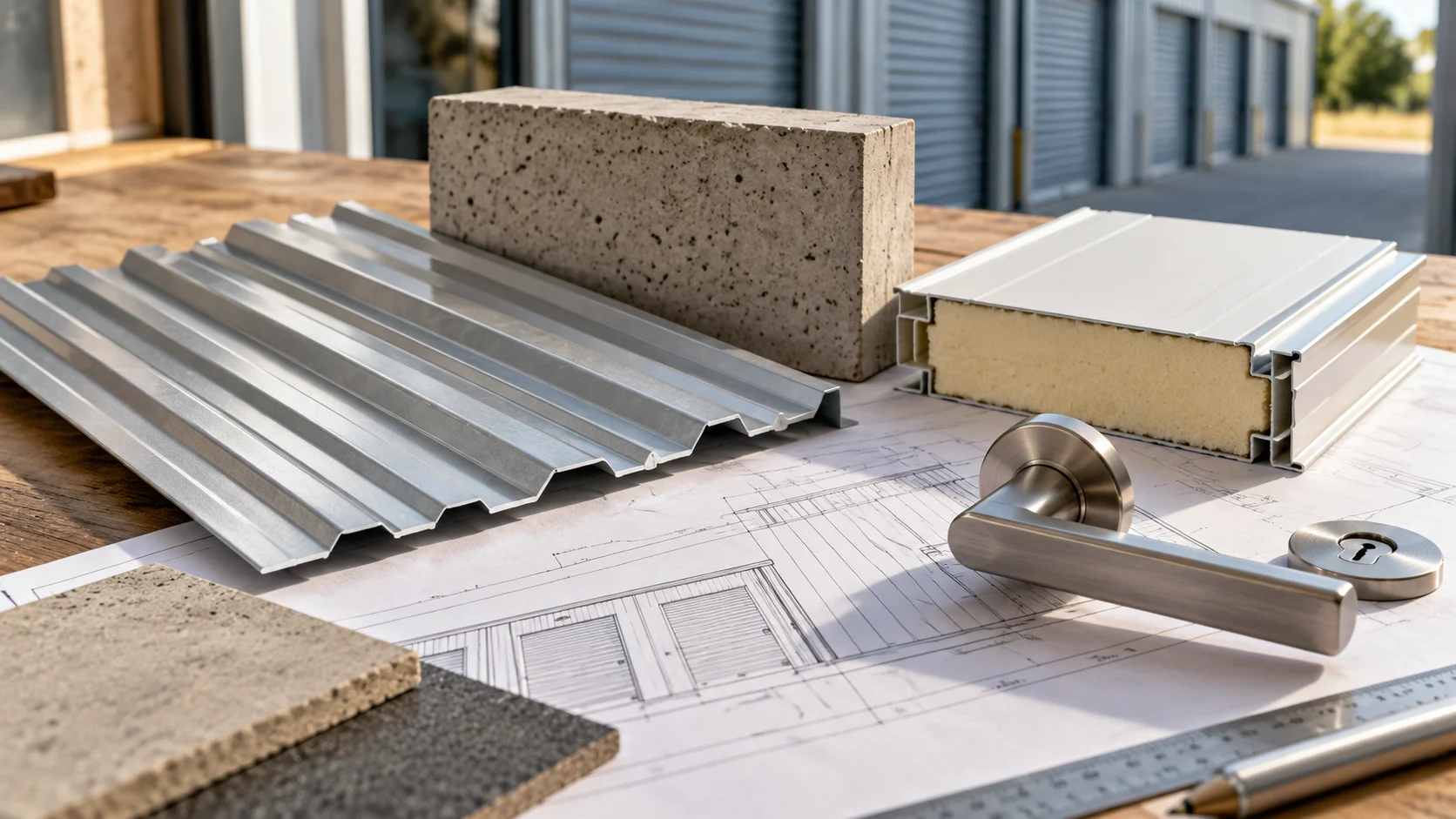 Corrugated steel, concrete and insulated panel samples on a blueprint — conceptual visualization