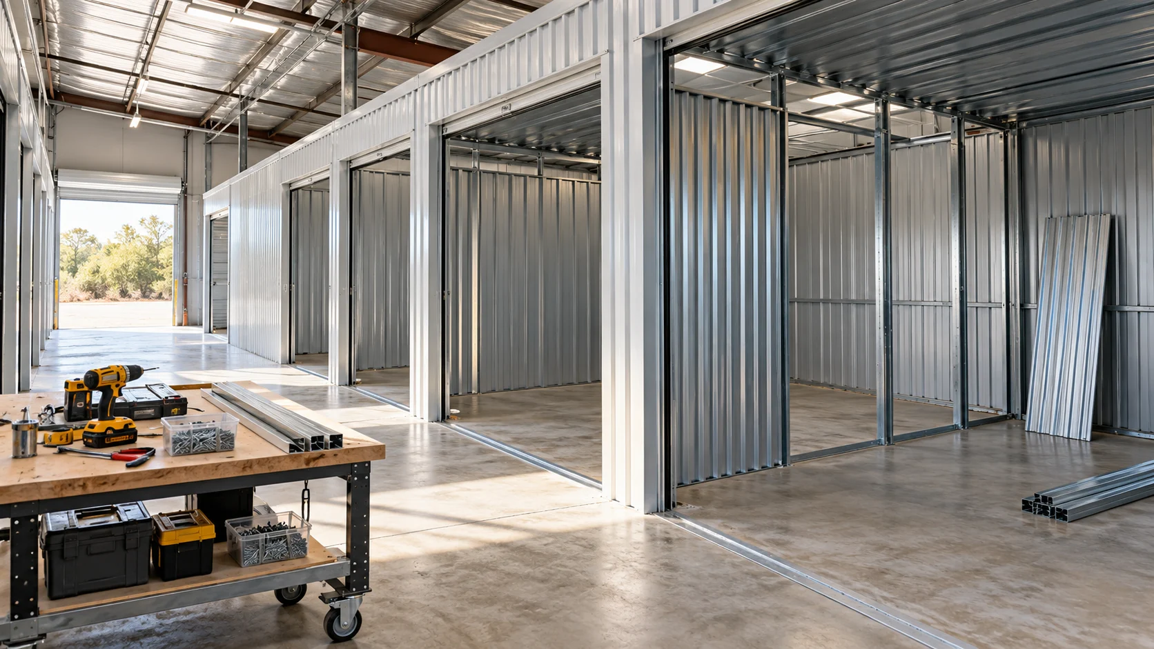 Storage partition frames and wall panels during installation — conceptual visualization