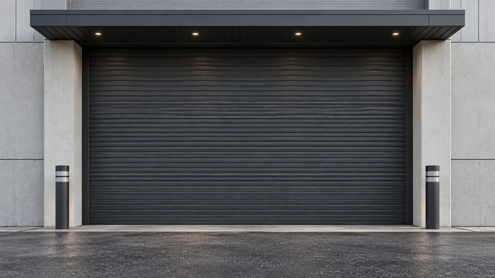 Wide graphite roller door framed by concrete piers and protective bollards — conceptual visualization