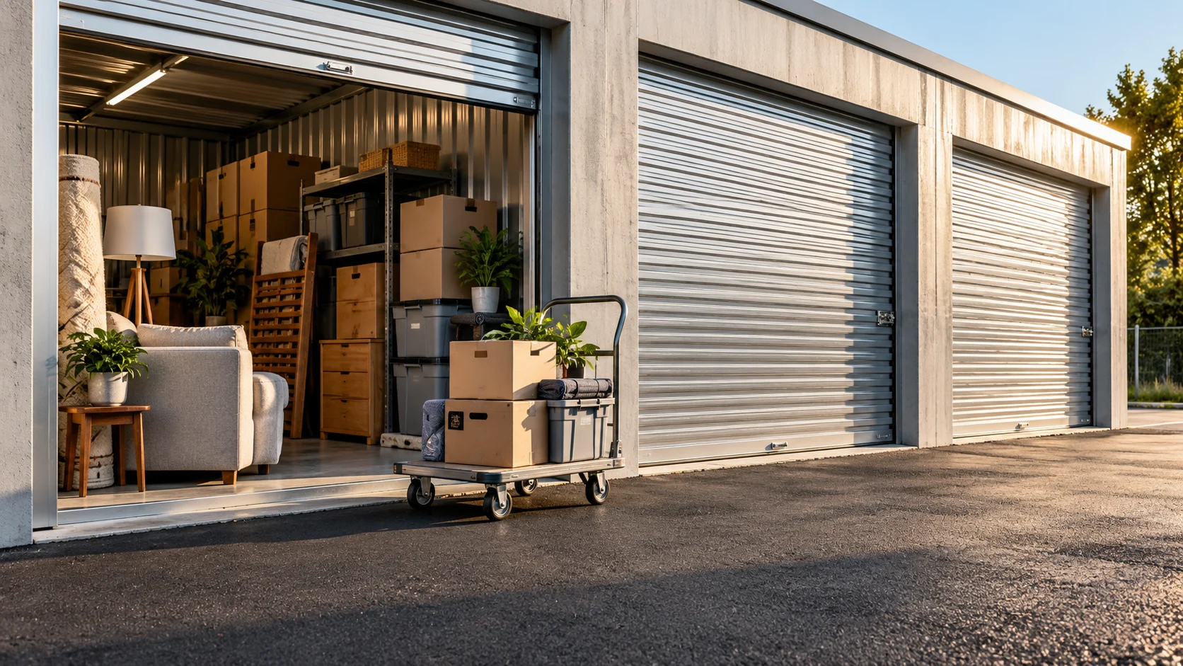 Open drive-up storage bay with a loaded cart at its threshold — conceptual visualization