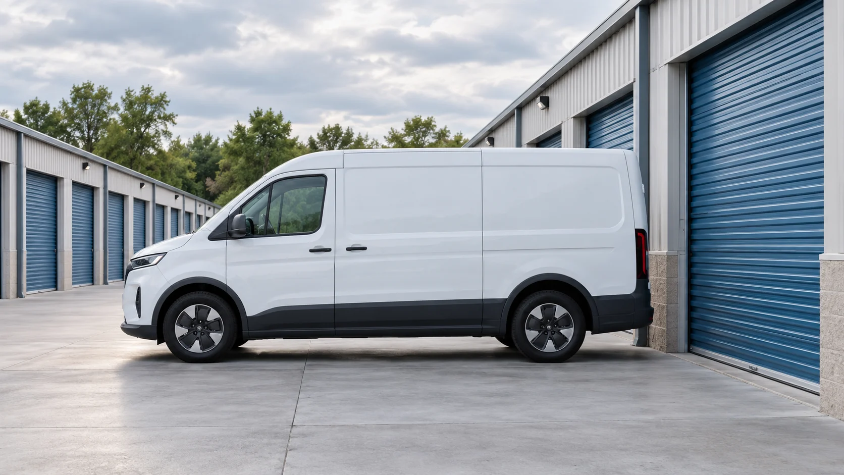 Plain white cargo van parked beside an outdoor storage bay — conceptual visualization