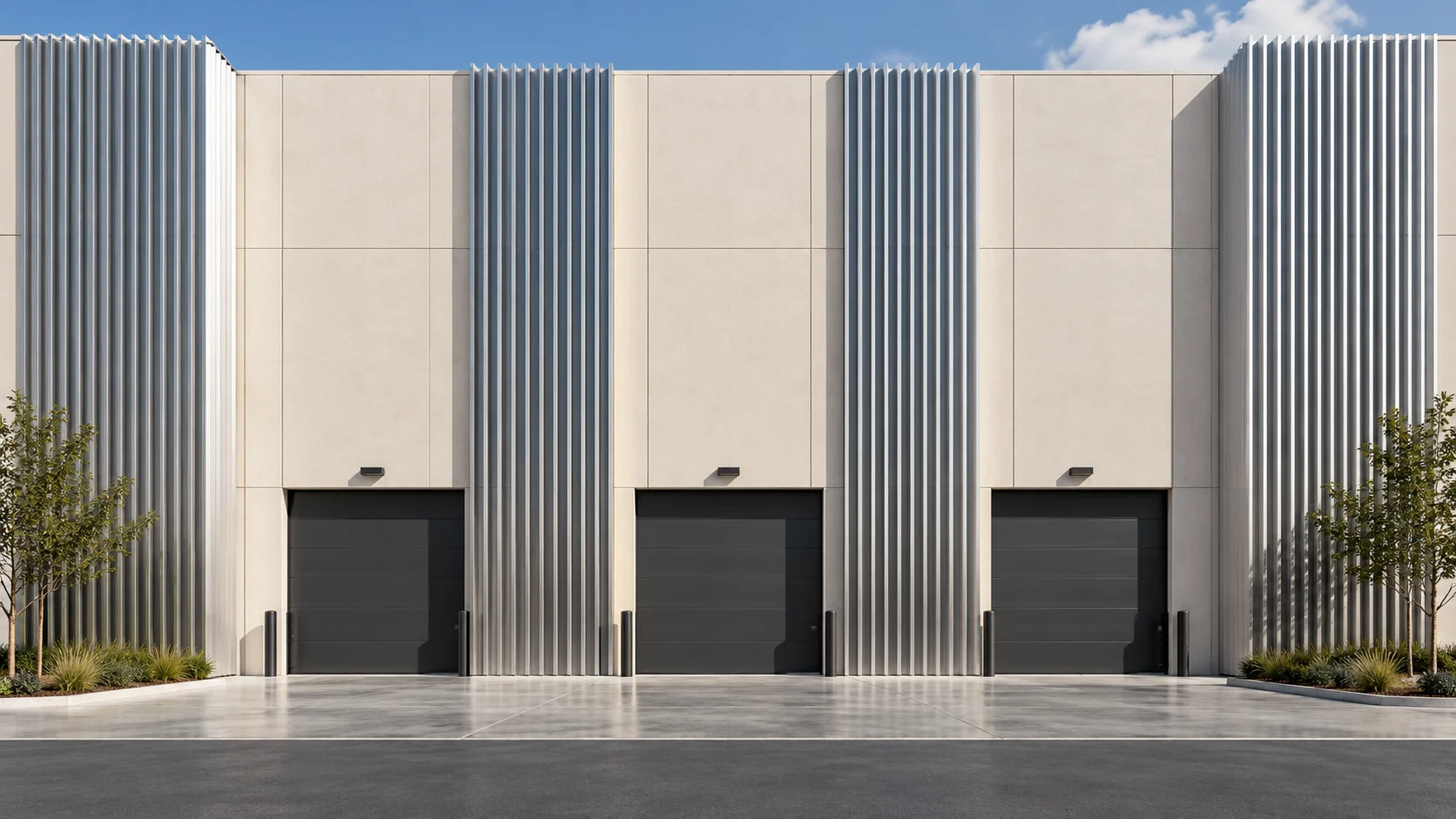 Storage building elevation with silver fins and concrete panels — conceptual visualization