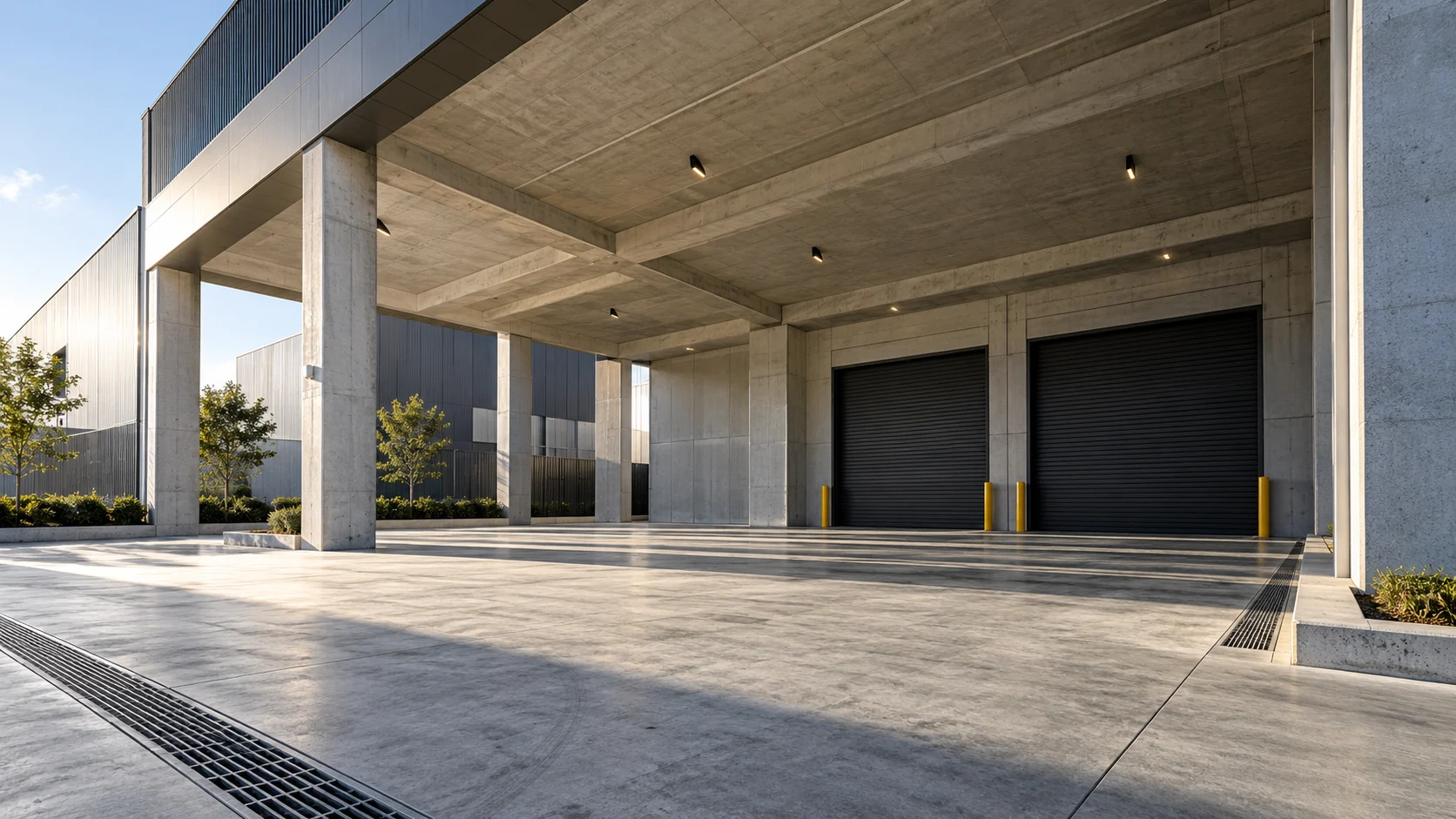 Sheltered loading court with concrete columns and two large roll-up doors — conceptual visualization
