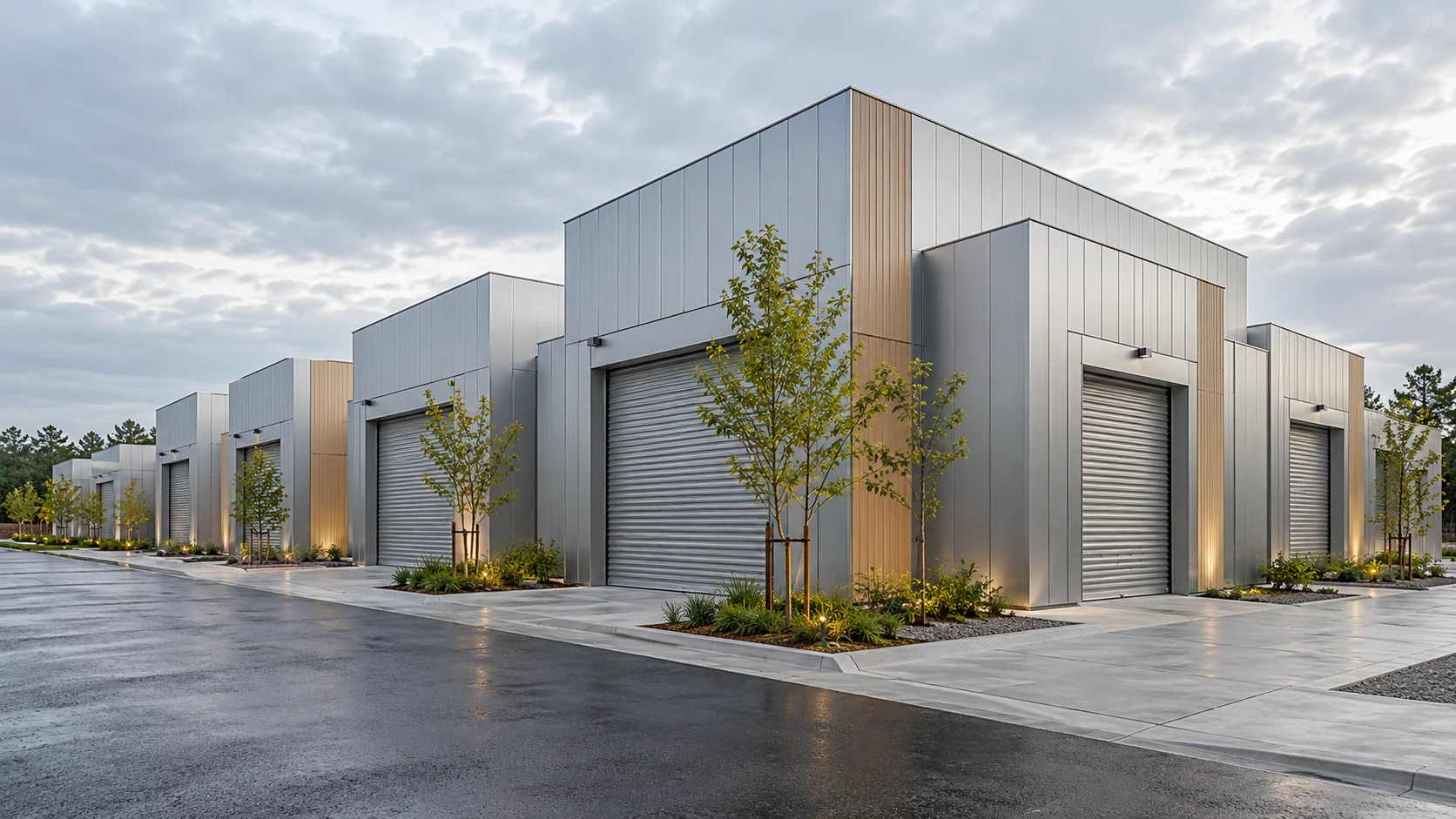 Staggered modular storage volumes in silver metal and warm sand finishes — conceptual visualization