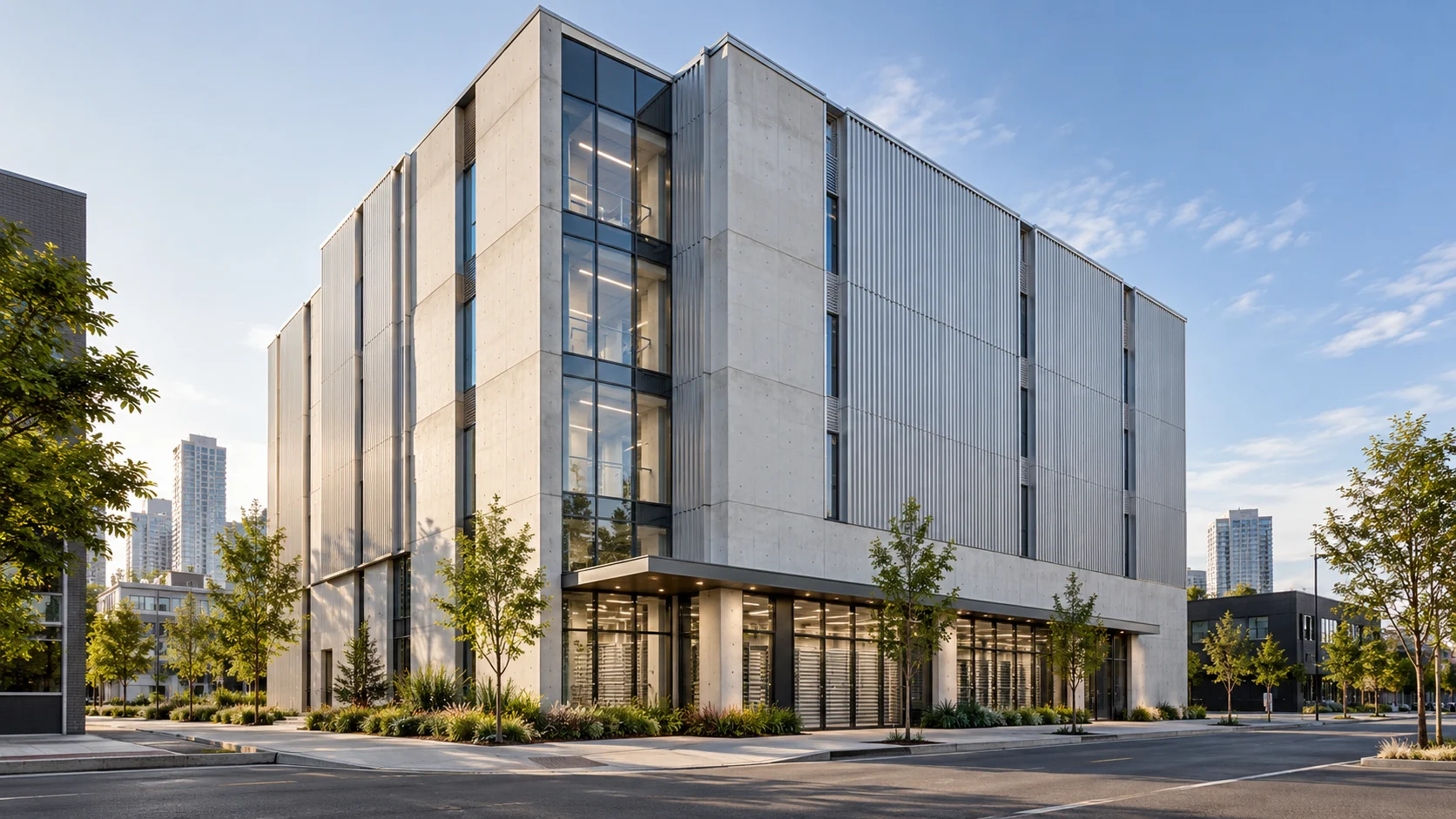 Compact multistorey storage building with vertical glazing on an urban corner — conceptual visualization