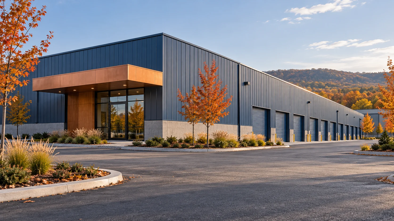 Steel blue storage building with copper-coloured reception canopy — conceptual visualization
