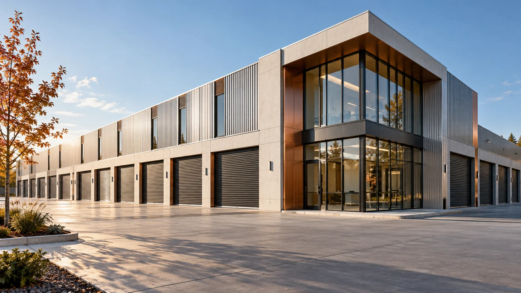 Concept visualization of a contemporary self-storage facility with steel doors and a glass upper storey