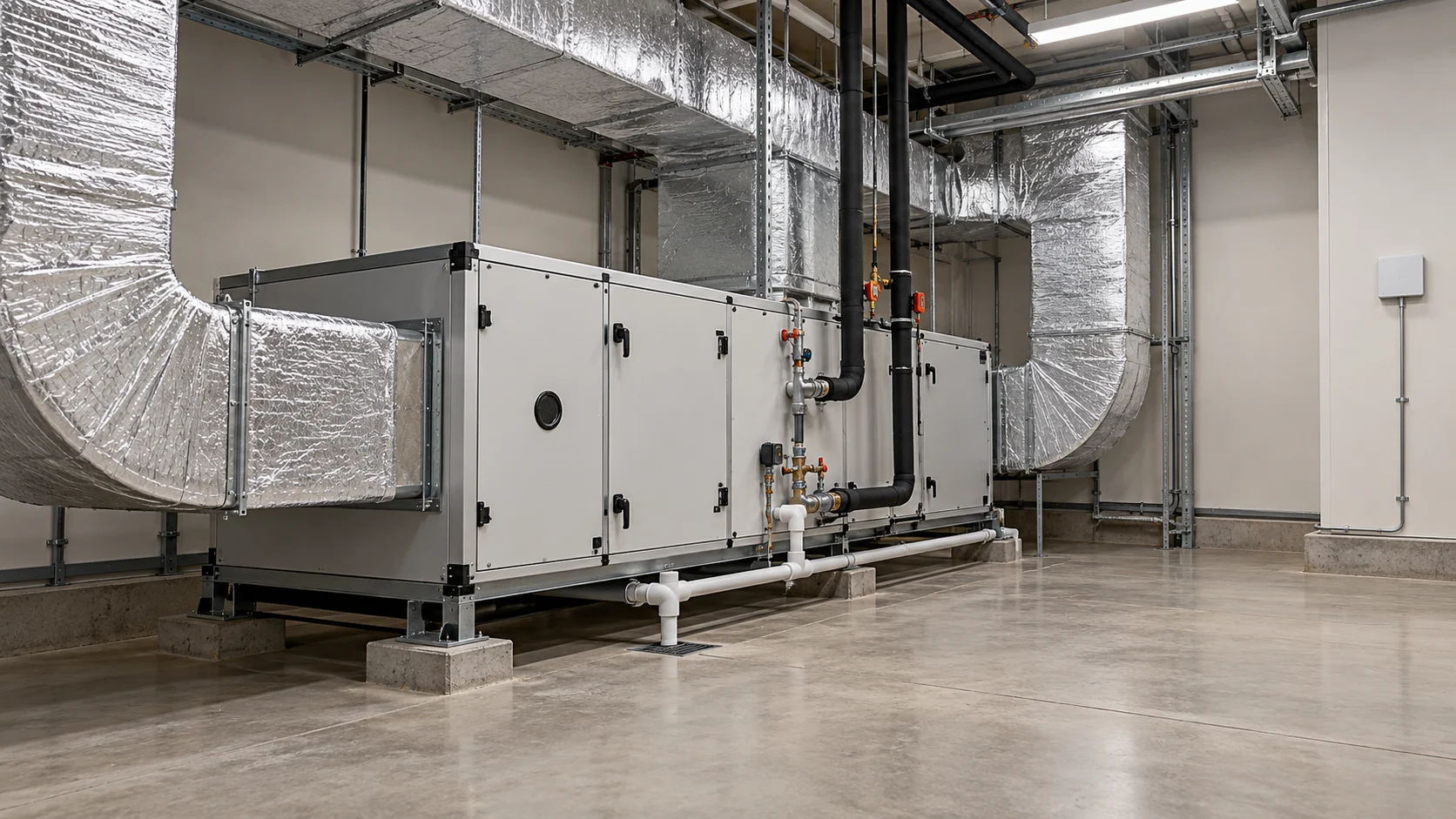 Air-handling equipment and insulated ducts in a storage mechanical room — conceptual visualization