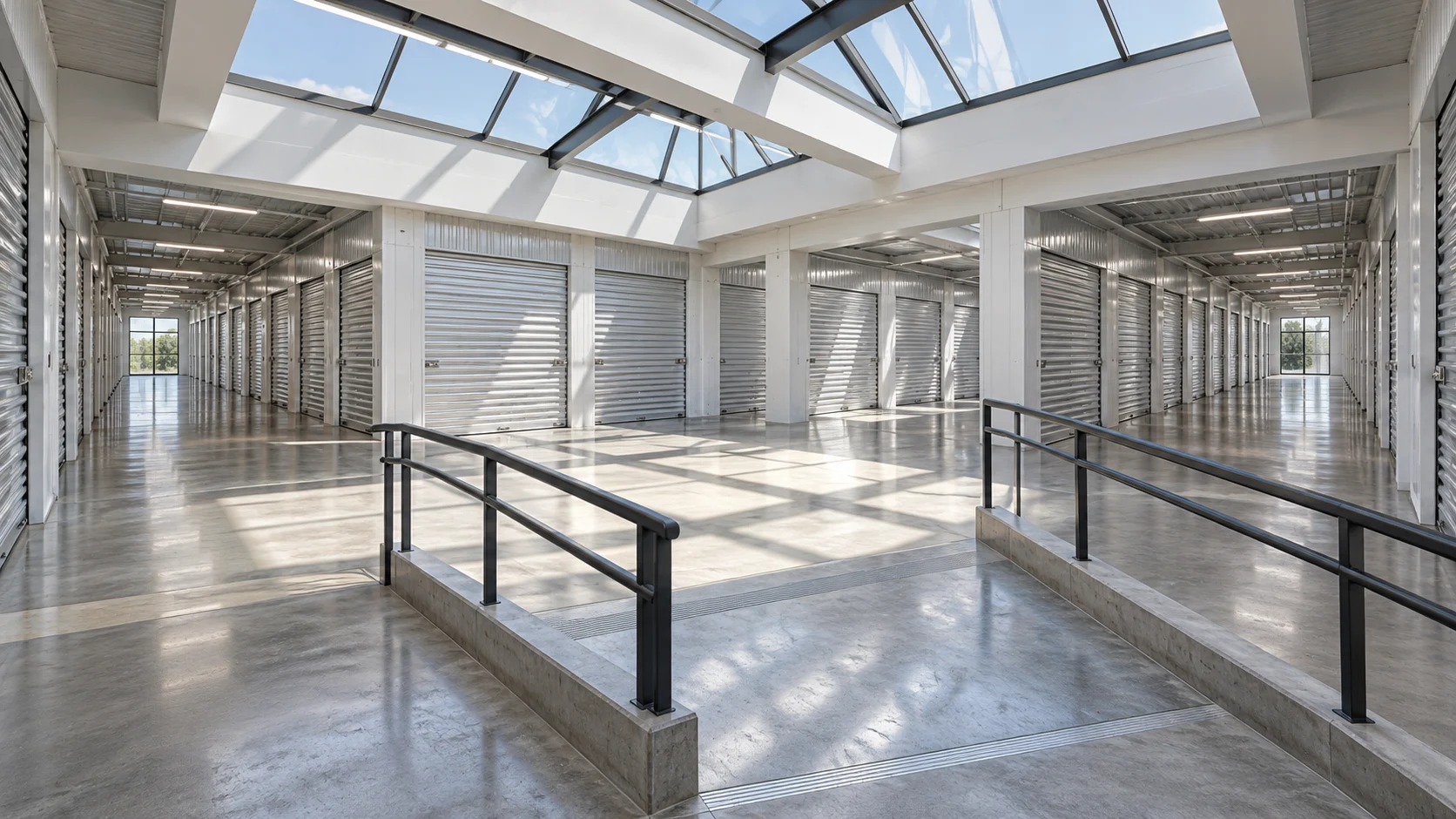 Skylit storage hallway intersection with a shallow ramp — conceptual visualization