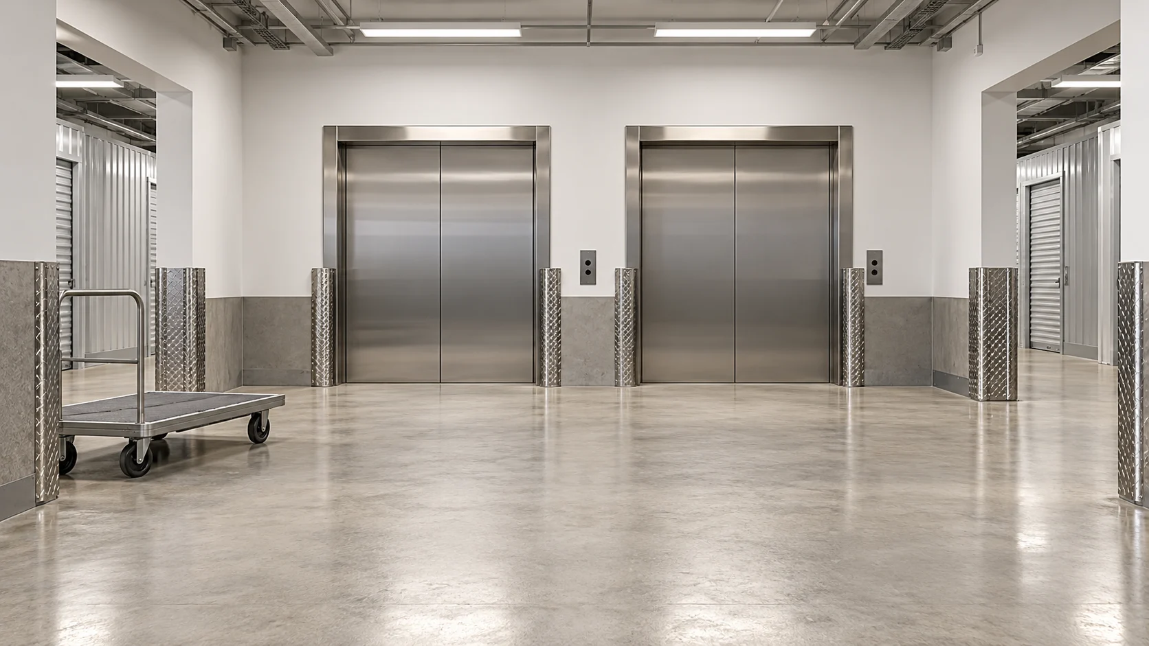 Storage elevator lobby with stainless steel doors and an empty cargo trolley — conceptual visualization