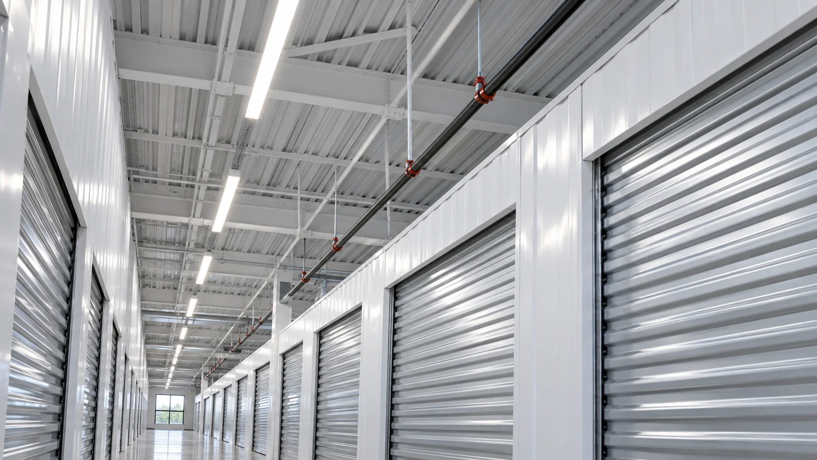 Linear ceiling lights and orderly services above a storage corridor — conceptual visualization