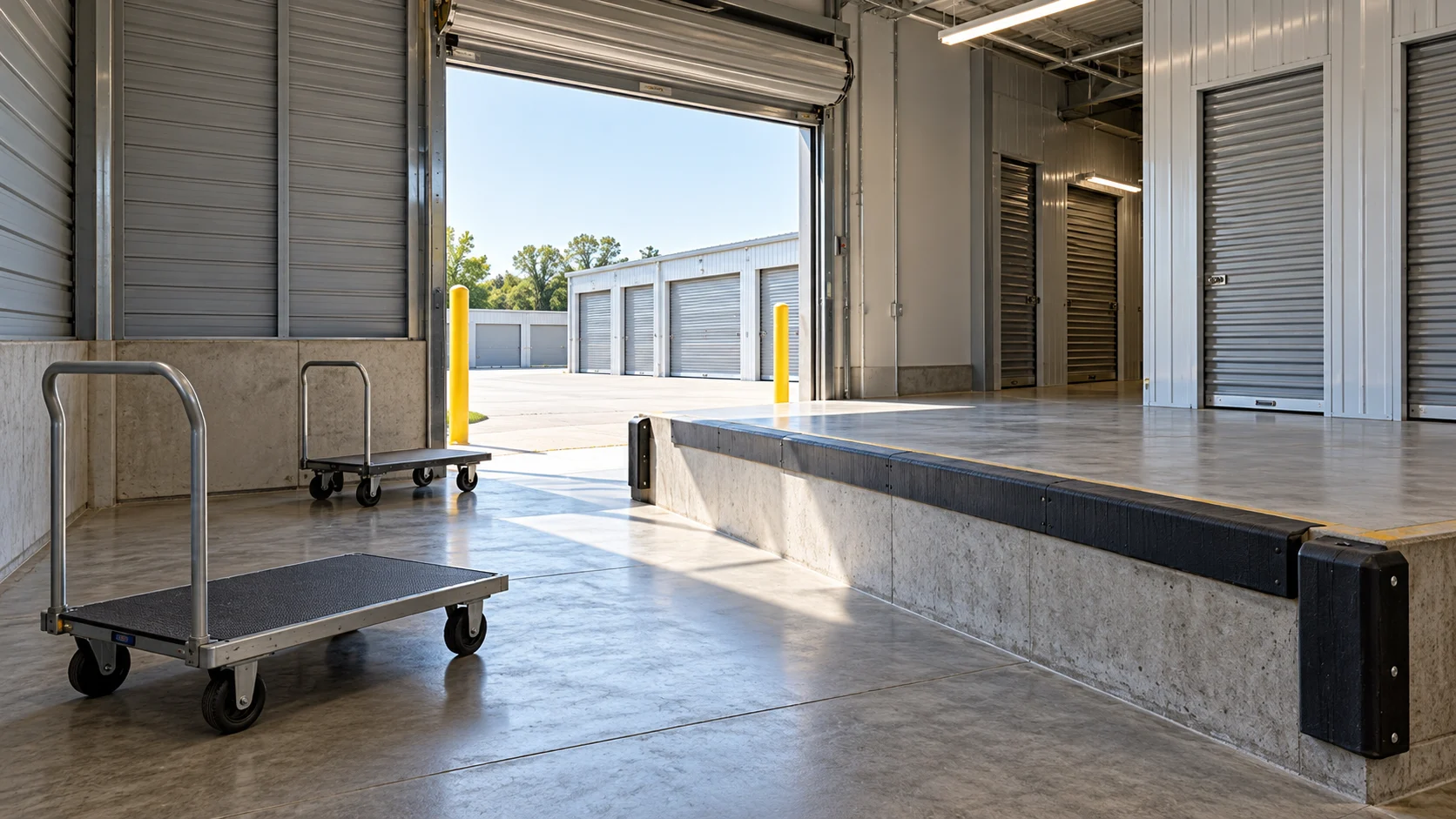 Indoor loading platform with two empty carts beside a large open door — conceptual visualization