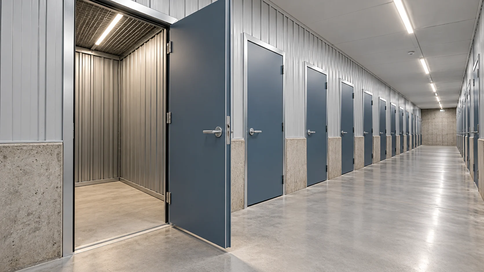 Row of small storage units with blue-grey hinged doors — conceptual visualization