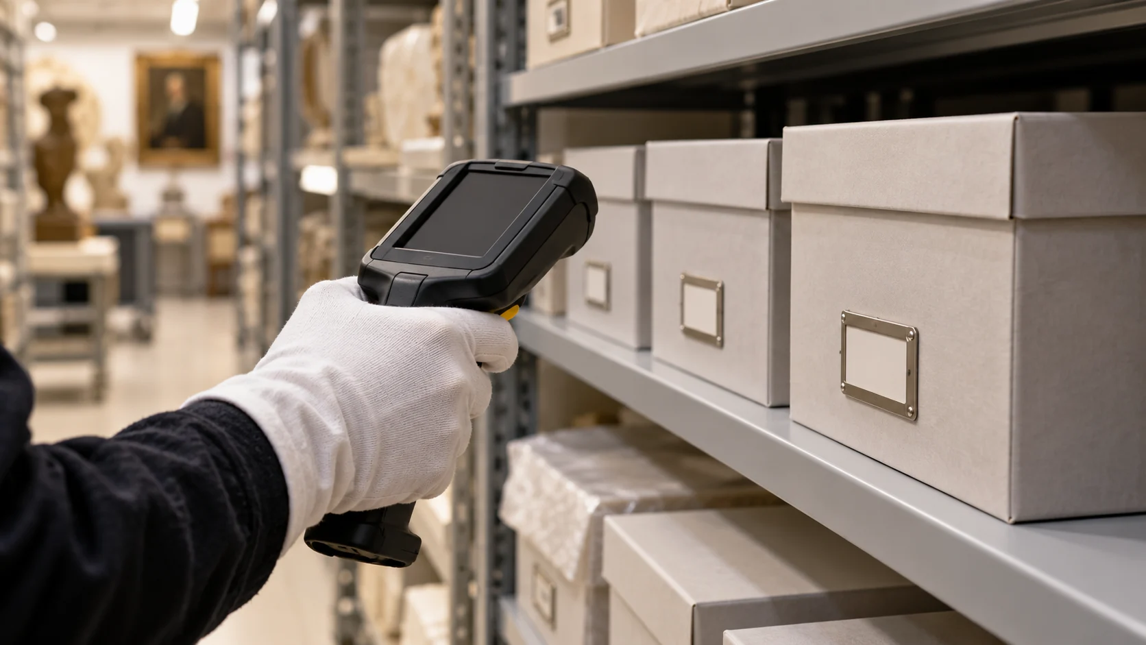 Gloved hand holding a scanner beside plain inventory boxes — conceptual visualization