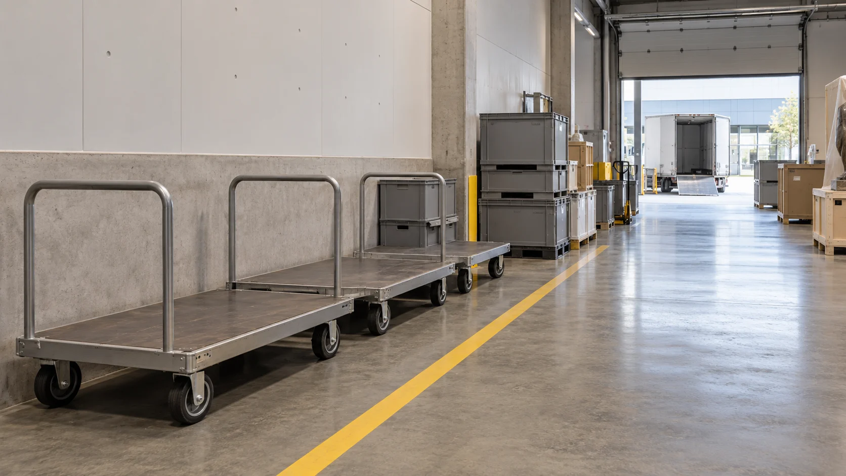 Flatbed carts aligned in a clean storage dispatch aisle — conceptual visualization