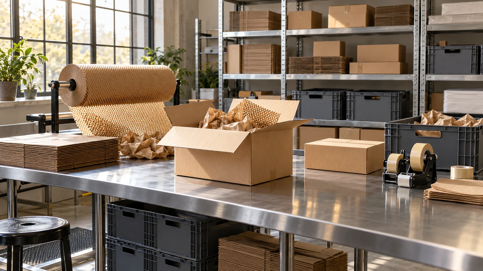 Organized packing station with kraft boxes and paper cushioning — conceptual visualization