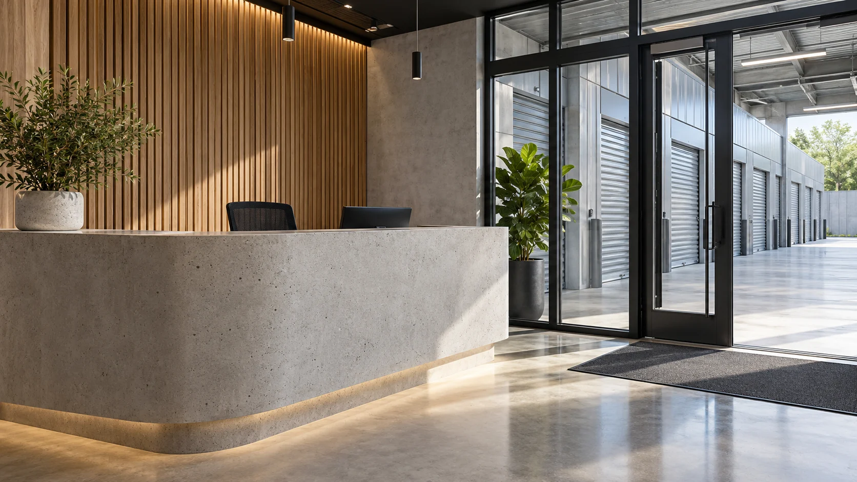 Concrete reception desk with timber slats and glazed storage entrance — conceptual visualization