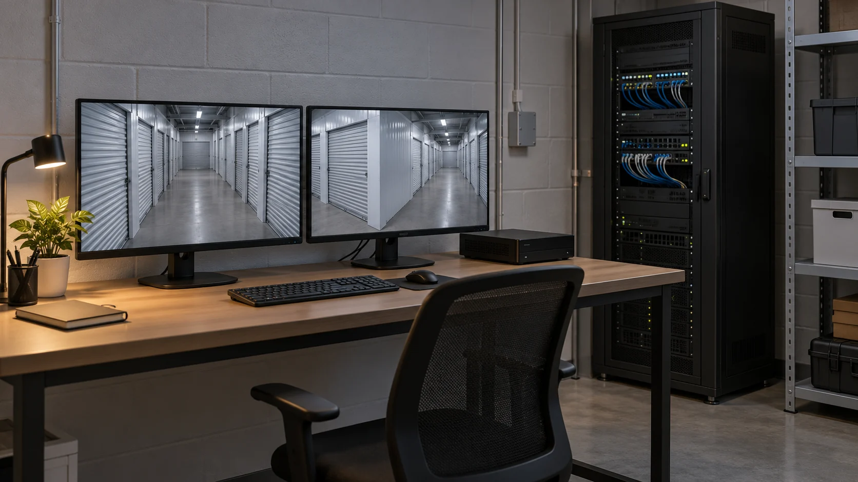 Concept operations desk showing anonymous empty corridor camera views — conceptual visualization