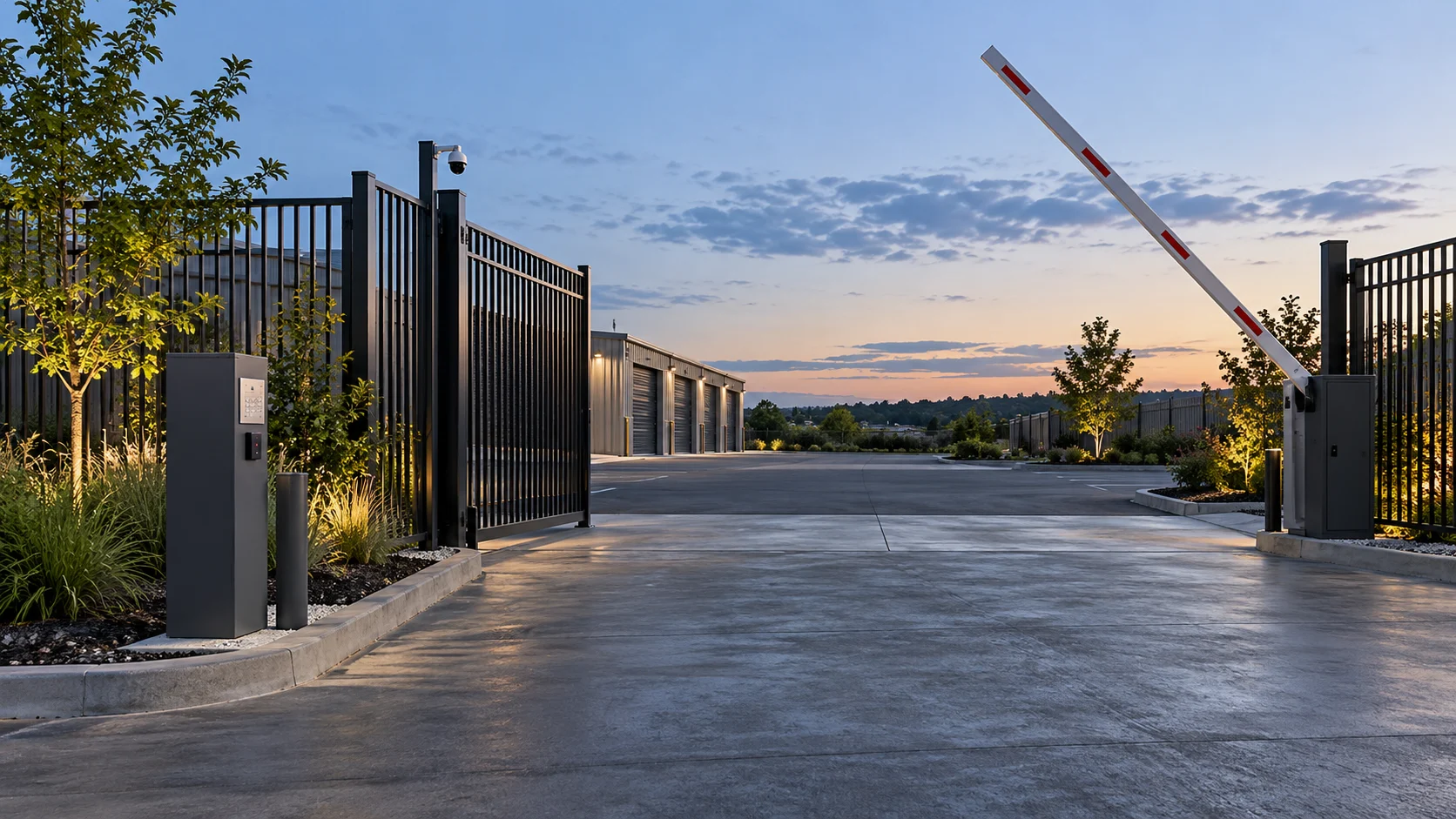 Storage perimeter gate, raised barrier arm and access pedestal — conceptual visualization