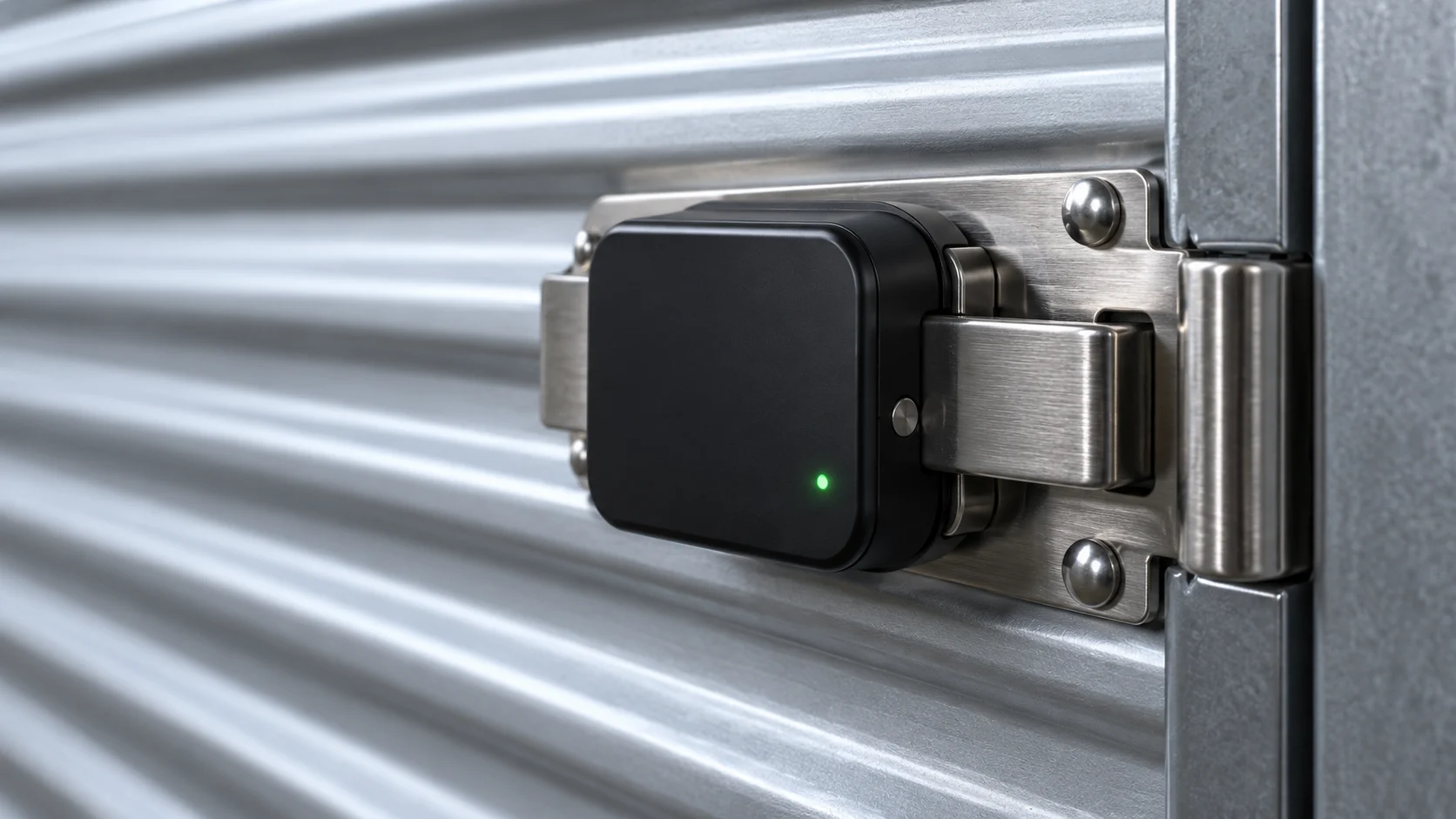 Plain electronic lock mounted on a silver corrugated storage door — conceptual visualization
