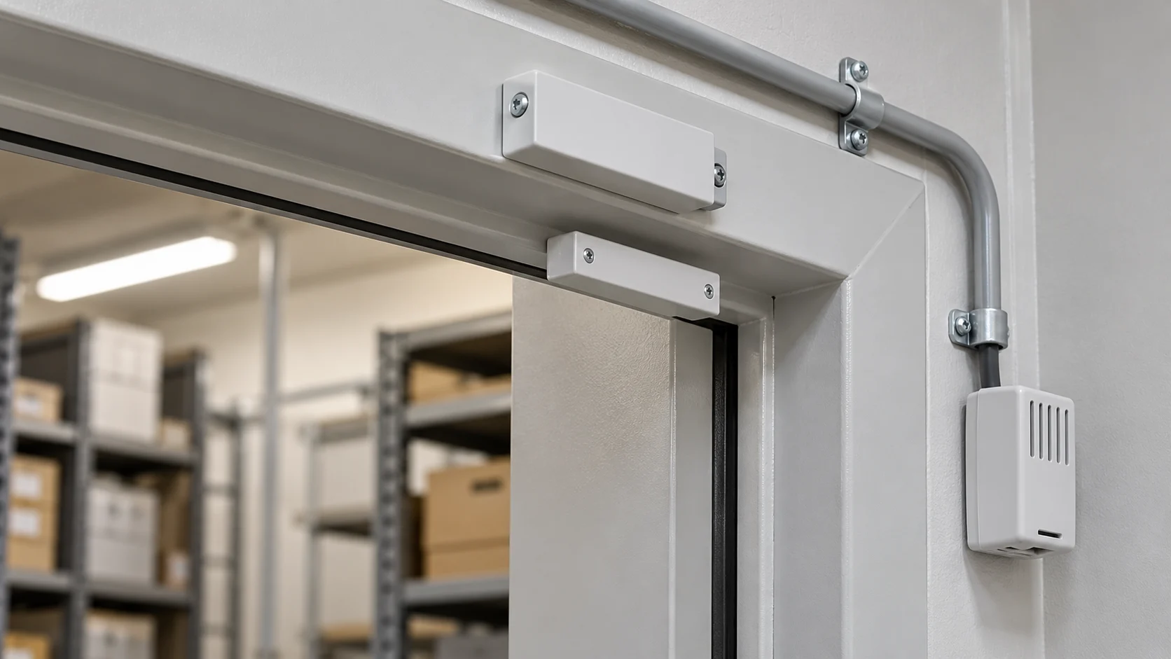 Door contact sensor and environmental sensor beside a storage doorway — conceptual visualization